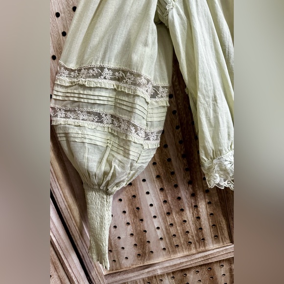 Free People Sage Mint Green Eloise Bodysuit Blouse Lace Pleated Balloon Sleeves - Picture 10 of 10